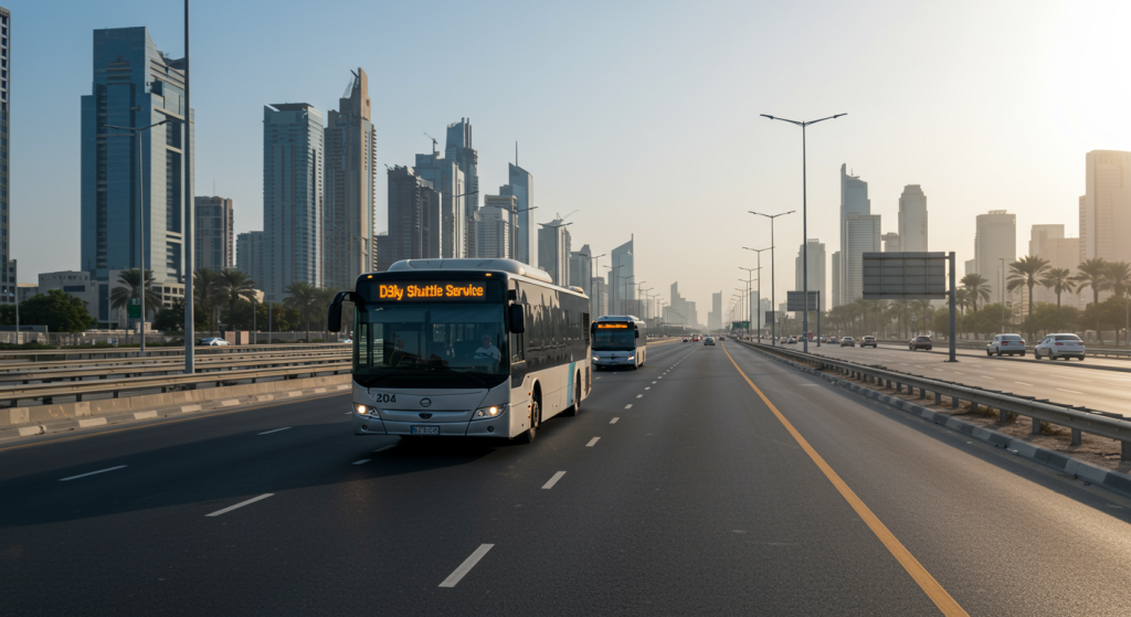 Sharjah to d3 shuttle, creative hub transport UAE, staff bus