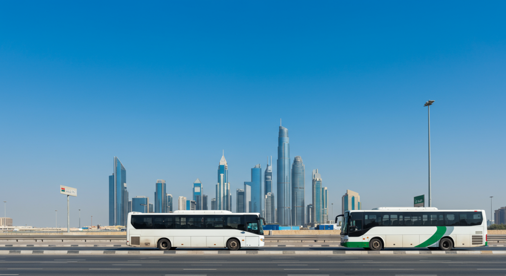 Sharjah to JAFZA Gate shuttle, port staff transport UAE, worker bus