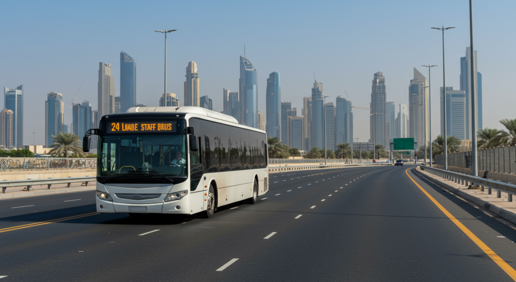 Ajman to DIP shuttle, logistics staff transport UAE, daily bus
