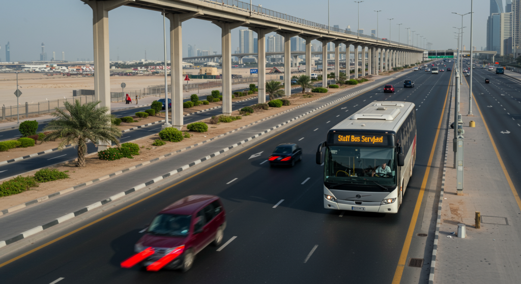 Sharjah to Jebel Ali shuttle, UAE transport for workers, staff bus
